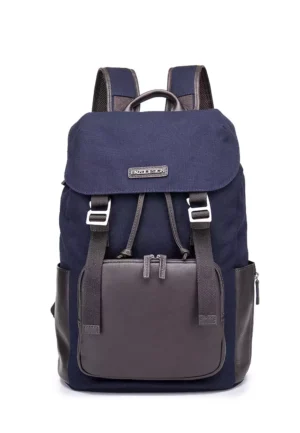 ENZODESIGN Flap Over Canvas With Top Grain Cow Leather Trim Casual Backpack(B12352A-BLU)